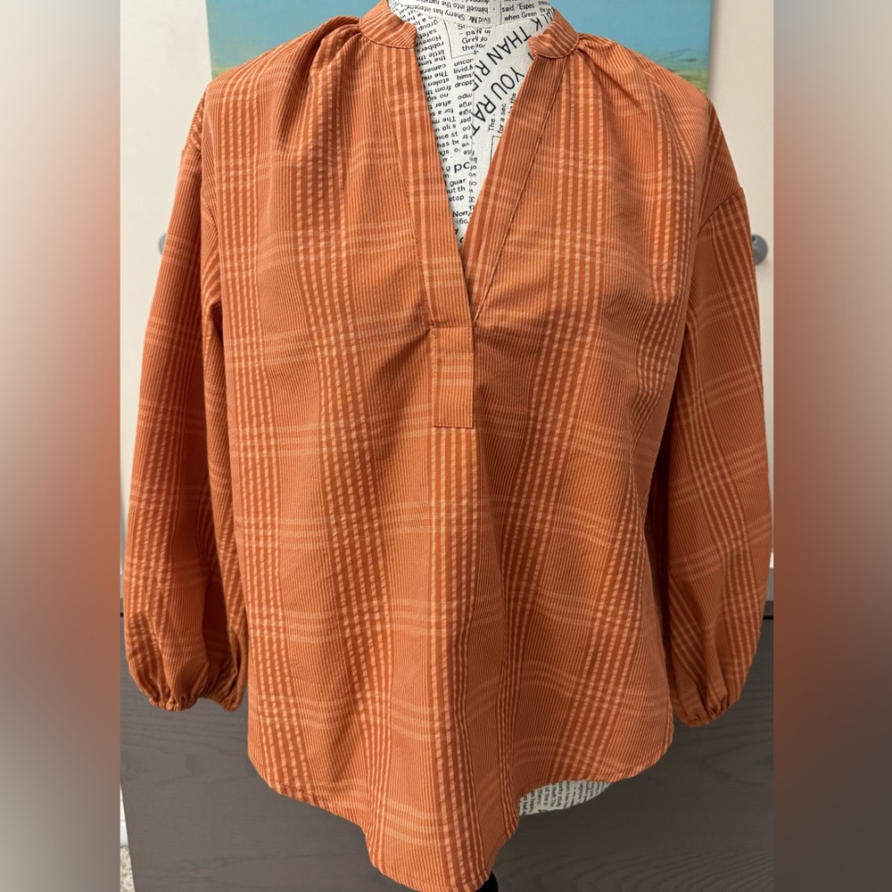 A New Day Top Popover Fall Rust Orange Plaid Long Sleeve V Neck Blouse Women S